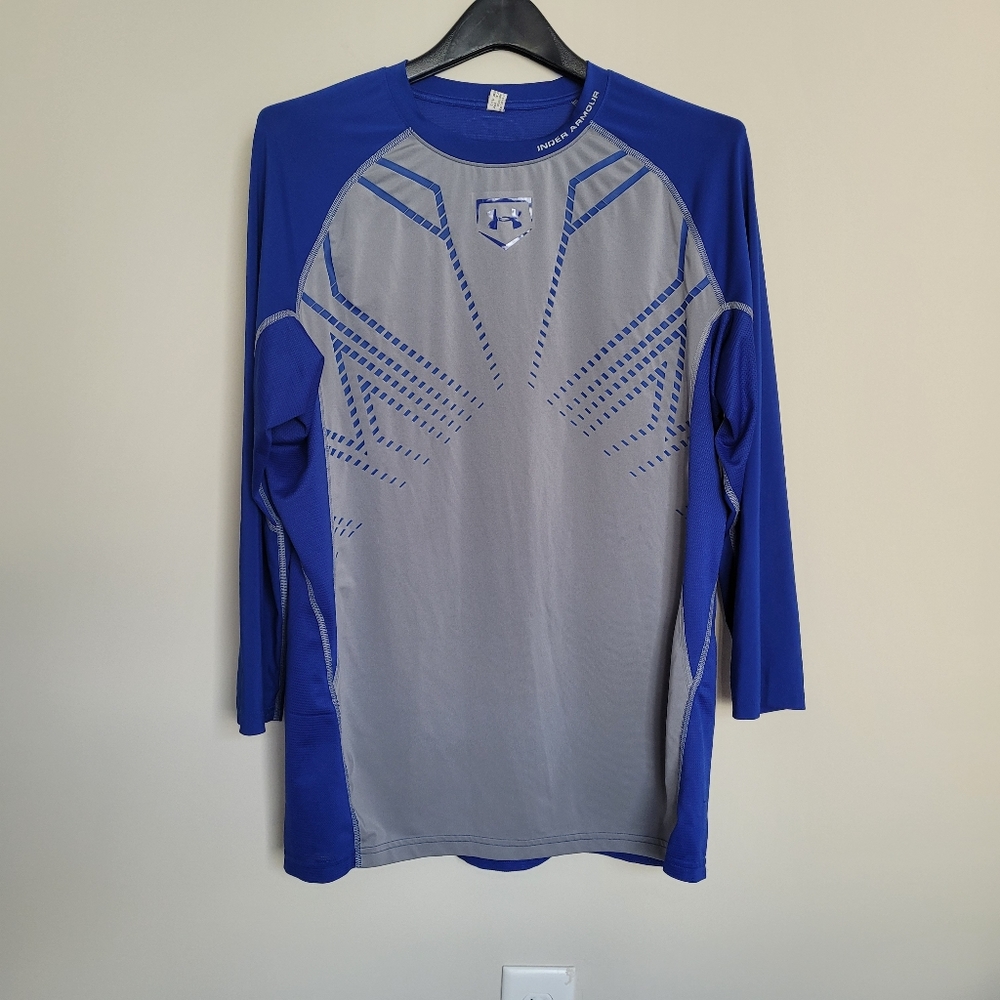 Under Armour UA Men's HeatGear Blue & Gray Baseball Shirt Medium 3/4 Sleeve